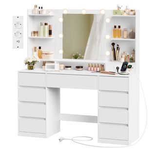 Coiffeuse Avec Miroir LED, Multiprise, 9 Tiroirs, 9 Ampoules, Éclairage 3 Couleurs, Blanc