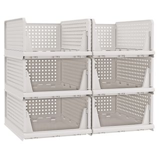 Organisateur D’armoire Pliable Lot De 6, Tiroir Coulissant Empilable, Panier, En Plastique, Blanc