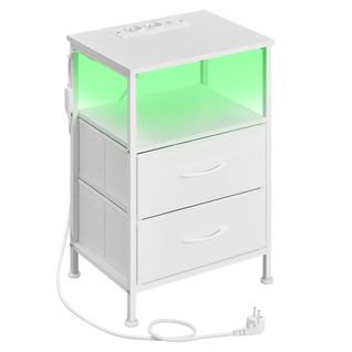 Table De Chevet Avec Éclairage LED Et Multiprise, 2 Tiroirs Et 1 Compartiment Ouvert, Blanc