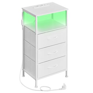 Table De Chevet Avec Éclairage LED Et Multiprise, 3 Tiroirs Et 1 Compartiment Ouvert, Blanc