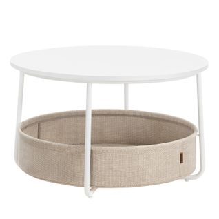 Table Basse Ronde Avec Rangement, Avec Panier En Tissu, Cadre En Métal, Blanc Mat Et Marron Camel