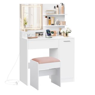 Coiffeuse Avec Miroir LED Et Tabouret, Avec Multiprise, Compartiment Avec 2 Étagères Réglables,blanc