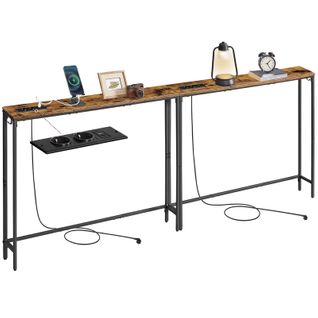 Lot De 2 Tables Consoles Avec Multiprise, 15 X 100 X 80 Cm, Marron Rustique Et Noir D'encre