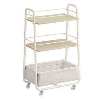 Chariot De Rangement Avec Panier En Tissu, Chariot à Roulettes à 3 Niveaux, Beige Et Blanc