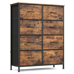 Commode à 8 Tiroirs En Tissu, Acier, Mdf, Tissu Non Tissé, Marron Rustique Et Noir Encre