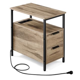 Table D’appoint Avec Prise Intégrée, 2 Tiroirs, Pour Salon Et Chambre, Marron Camel Et Noir