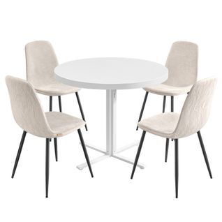 1 Table Ronde Avec 4 Chaises De Salle à Manger, Ensemble De Salle à Manger, Support En Acier, Blanc