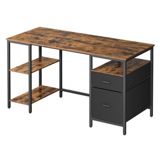 Bureau D’ordinateur, 3 Étagères, 2 Tiroirs, 60 X 140 X 76 Cm, Style Industriel, Marron Et Noir