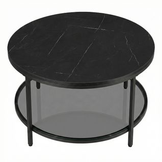 Table Basse Ronde Avec Étagère En Verre Trempé, Montage Facile, Style Moderne, Salon, Noir