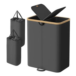 Panier à Linge Avec 2 Compartiments, Sacs à Linge Amovibles, Panier à Linge Avec Couvercle, Noir