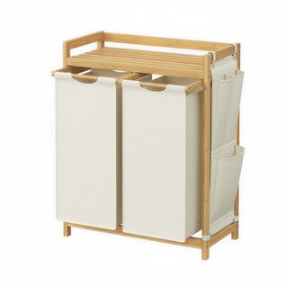 Panier à Linge 2 Compartiments, Bambou, Collecteur De Linge 150 L, Avec Étagère, Blanc