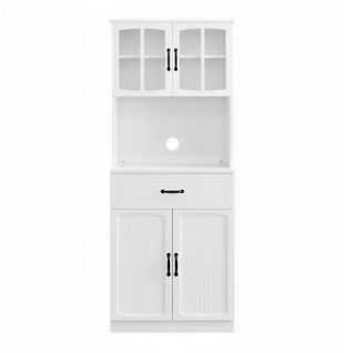 Armoire De Cuisine Avec Étagères Réglables, Buffet De Rangement, Portes En Verre, Moderne, Blanc