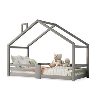 Lit Cabane Enfant-90 X 200cm-Lit Enfant en Pin Massif-Sommier à Lattes-Gris