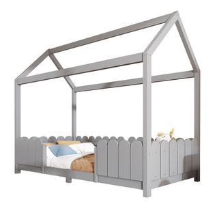 Lit Cabane Avec Tiroirs Avec Barrière-lit Enfant 90x200 Cm-en Bois-sommier à Lattes-gris