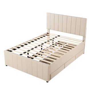 Lit Gigogne Double 140x200 Cm - Avec Tiroirs, Revêtement Lin Doux, Rangement - Beige