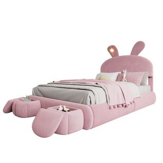 Lit Double 140 X 200 Cm-lit Hydraulique-avec Bandes Lumineuses-espace De Rangement-velours-rose