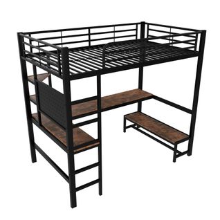 Haut Lit 90x200cm Avec Bureau, USB/type-c, LED, Noir