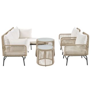 Salon Jardin Beige - 2 Fauteuils + 2 Canapés 2 Places + 2 Tables, Coussins Inclus