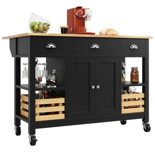 Îlot De Cuisine Moderne - Noir - Plateau Réglable - Roues Pivotantes - Rangement Flexible