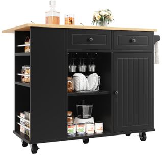 Îlot De Cuisine - Noir - Cloisons Amovibles - Étagère à Verres - Plateau Réglable