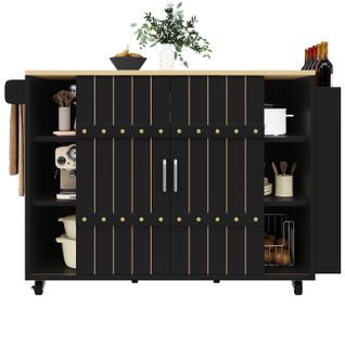 Chariot De Cuisine - Noir - Portes Coulissantes - Roues - Plan De Travail