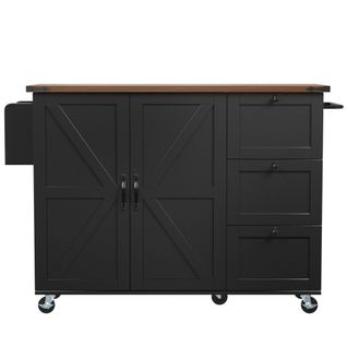 Îlot De Cuisine - Noir - Plan Extensible - 2 Portes - 3 Tiroirs