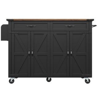 Îlot De Cuisine - Noir - Plateau Extensible - Roulettes Pivotantes - 2 Placards, 2 Tiroirs