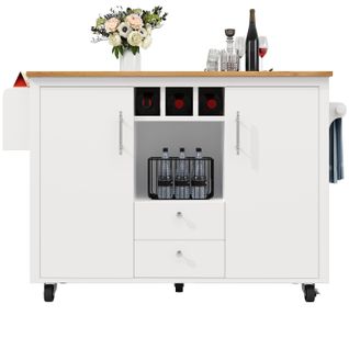 Îlot De Cuisine - Blanc/noir - Mobile - Plan De Travail Rabattable - Rangement Polyvalent