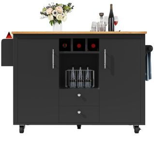 Îlot De Cuisine Buffet - Blanc/noir - Plan Rabattable - Roulettes Pivotantes