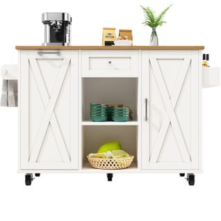 Îlot De Cuisine - Blanc - Design Moderne - Rangement Optimisé - Roulettes Verrouillables