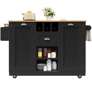 Îlot De Cuisine - Noir - Plateau Réglable - Roulettes Verrouillables - Rangement Polyvalent