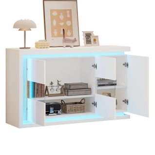Buffet H84 Cm-meuble à 4 Compartiments-avec Éclairage LED-avec Portes En Verre Trempé-blanc