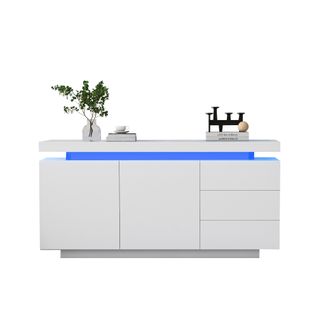 Buffet-meuble Avec 2 Portes, 3 Tiroirs-finition Laquée Brillante Avec Éclairage LED-blanc