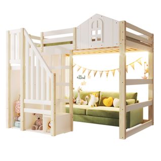 Lit Mezzanine 140x200 Cm-avec Éclairage LED-échelle De Rangement-fenêtre-blanc Et Naturel