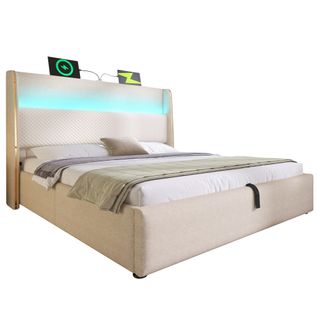 Lit Hydraulique-lit Simple 180x200cm Avec Éclairage LED-rangement-ports USB/type-c-beige