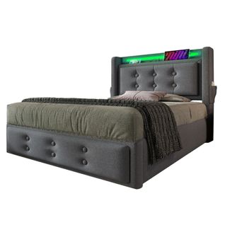 Lit Simple 90x200cm-avec Tête De Lit LED Et Port USB-c-avec Rangement Hydraulique-en Bois-gris