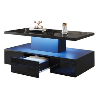 Table Basse 100x50x39 Cm LED 1 Tiroir Compartiment Rangement Ouvert Style Moderne Noir Brillant