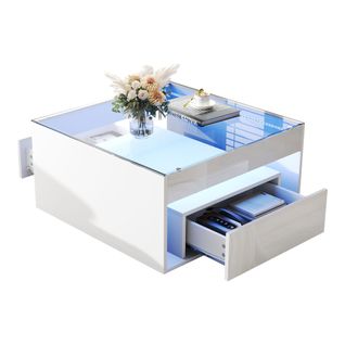 Table Basse Carré Verre Moderne 70x70x35cm 2 Tiroirs LED Compartiment Rangement Blanc Brillant