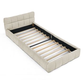 Lit Simple Rembourré 90x200cm Sommier à Lattes Tête De Lit Velours Tissu Style Moderne Beige