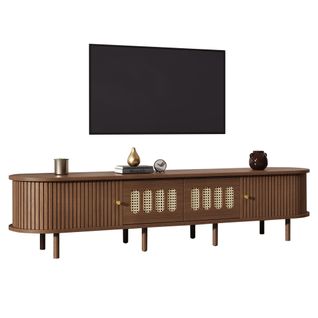 Meuble TV 180x40x40cm 2 Tiroirs 2 Portes Coulissantes Compartiments Rangement Pour 80"tv Noyer