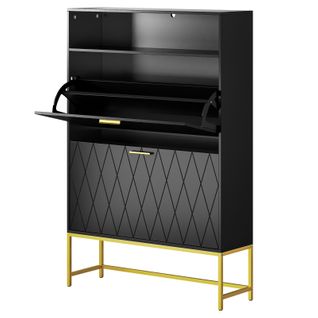 Meuble Chaussures 80x24x117cm 2 Abattants Double Niveau 15 Paires Pour Meuble Entrée Couloir Noir