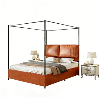 Lit Double Cuir 160x200cm Cadre Lit Fer Tête Lit Haute Support Rideau Lit Multifonctionnel Marron