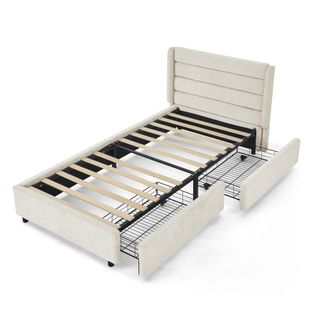 Lit Simple Enfant 90x200cm 2 Tiroirs Rangement Lit Junior Sommier à Lattes Tête De Lit Moderne Beige