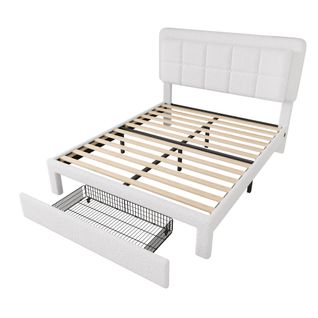 Lit Rembourré 140x200cm LED-usb Teddy 2 Places 1 Tiroir Rangement Tête De Lit Réglable Hauteur Blanc