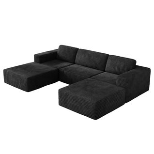 Canapé Modulaire 3 Places Compressé En U,velours Côtelé,noir