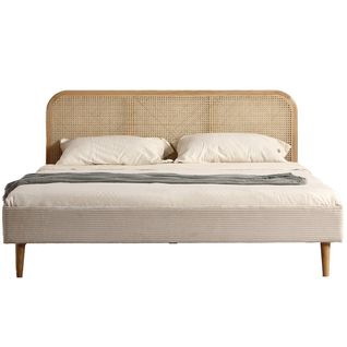 Lit Adulte 140x190 Cm En Velours Côtelé Beige Avec Tête De Lit En Cannage - Dalia