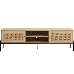 Meuble TV 2 Portes En Cannage Naturel Et Effet Chêne 160 Cm - Iris