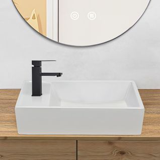 Lavabo Carré En Céramique à Poser, 40x22x10cm, Blanc, Avec Trou Pour Robinet.