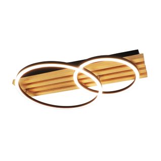 Plafonnier LED En Bois Dimmable : 55 Cm, 36w, 2 Anneaux, Design Géométrique, Avec Télécommande