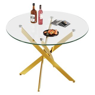Table à Manger En Verre Ronde 4 Personnes 90×90×75cm Pieds Métal Salon Cuisine Salle à Manger Doré